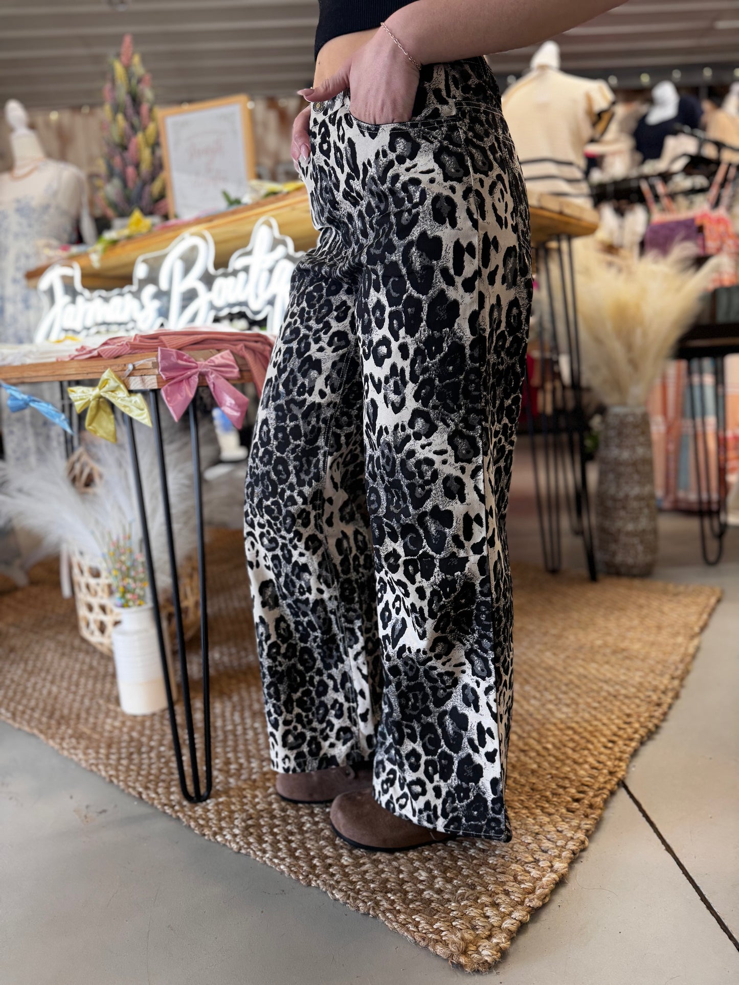 Grey Leopard Wide Leg Pant