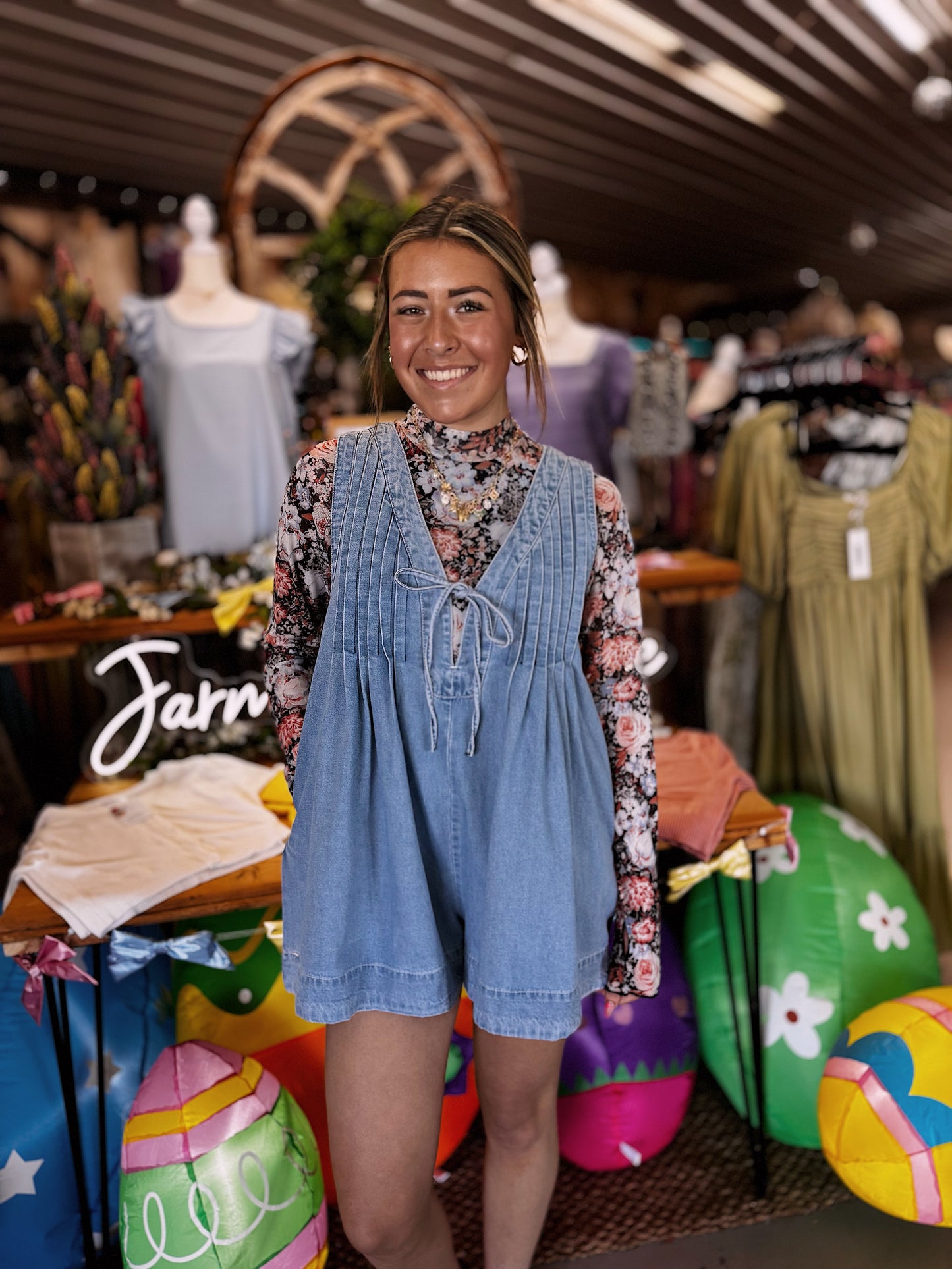 Pleated Denim Romper