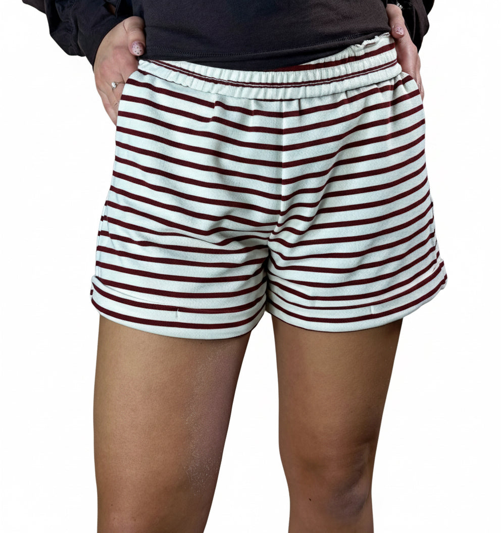 Knit Striped Shorts Burgandy