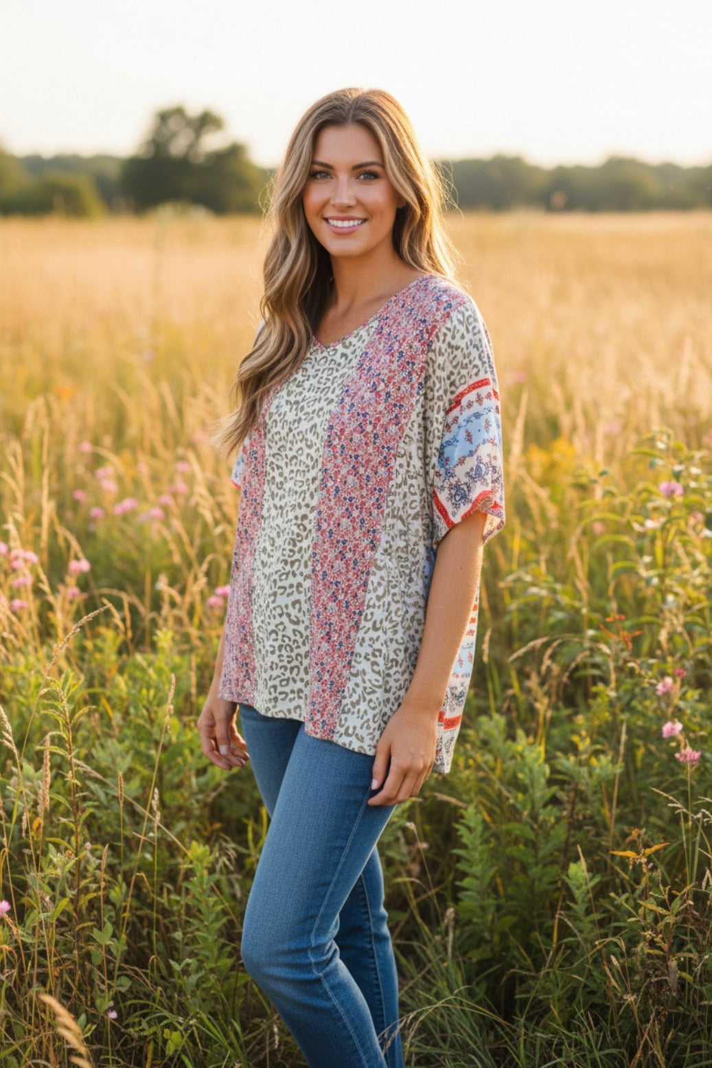 Color Block Leopard Blouse
