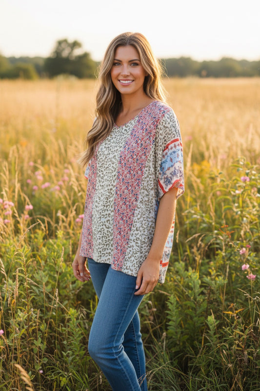 Color Block Leopard Blouse