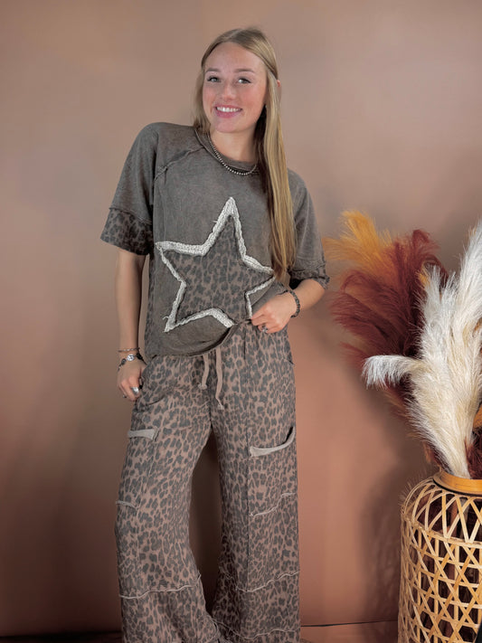 Mineral Wash Animal Print Wide Leg
