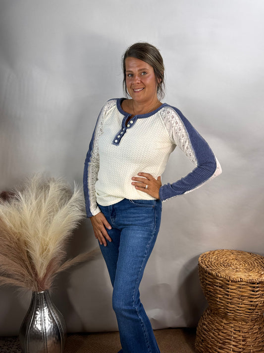 Denim Blue Waffle Knit Henley