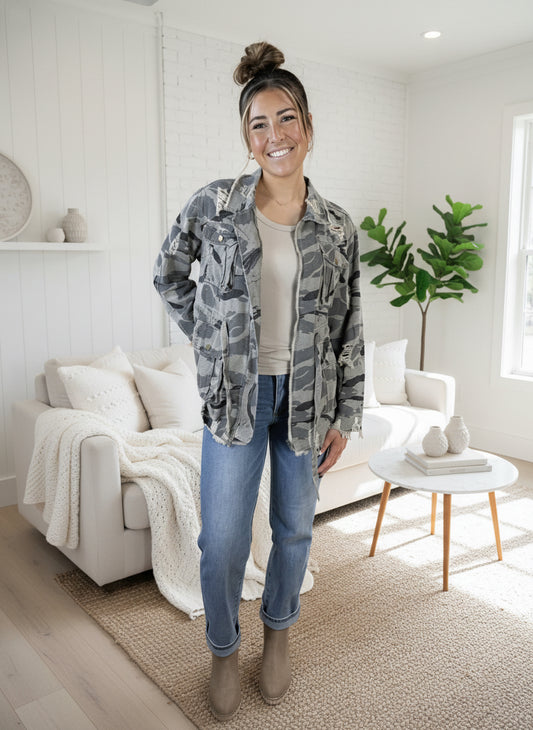 Camo Print Zipper Jacket