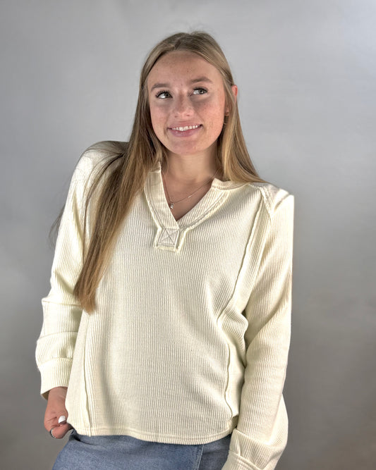 Cream Ribbed Split Neck