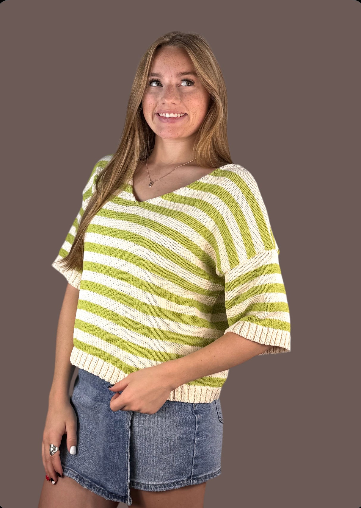 Lime Striped Short Sleeve Knit Top