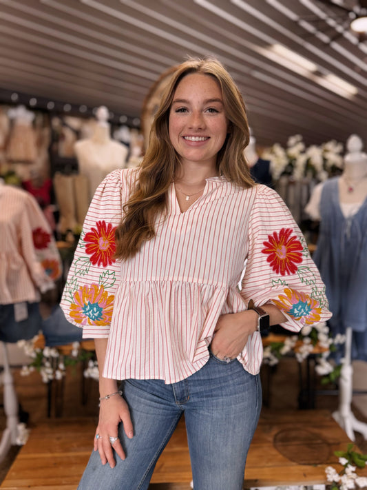 Pink Striped Flower Blouse