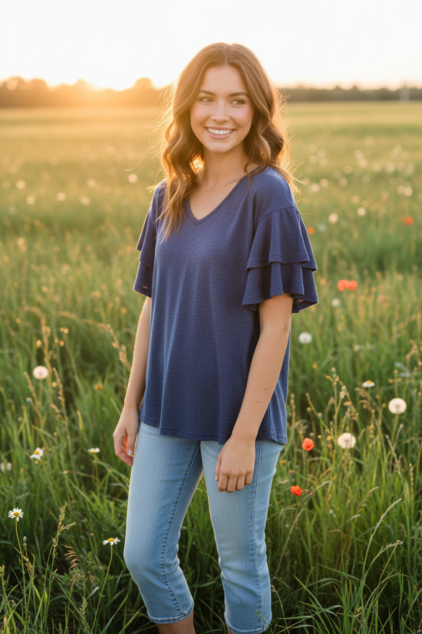 Blue Flutter Sleeve Top — Field Model