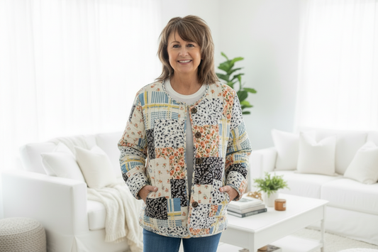 Model wearing patchwork quilted jacket