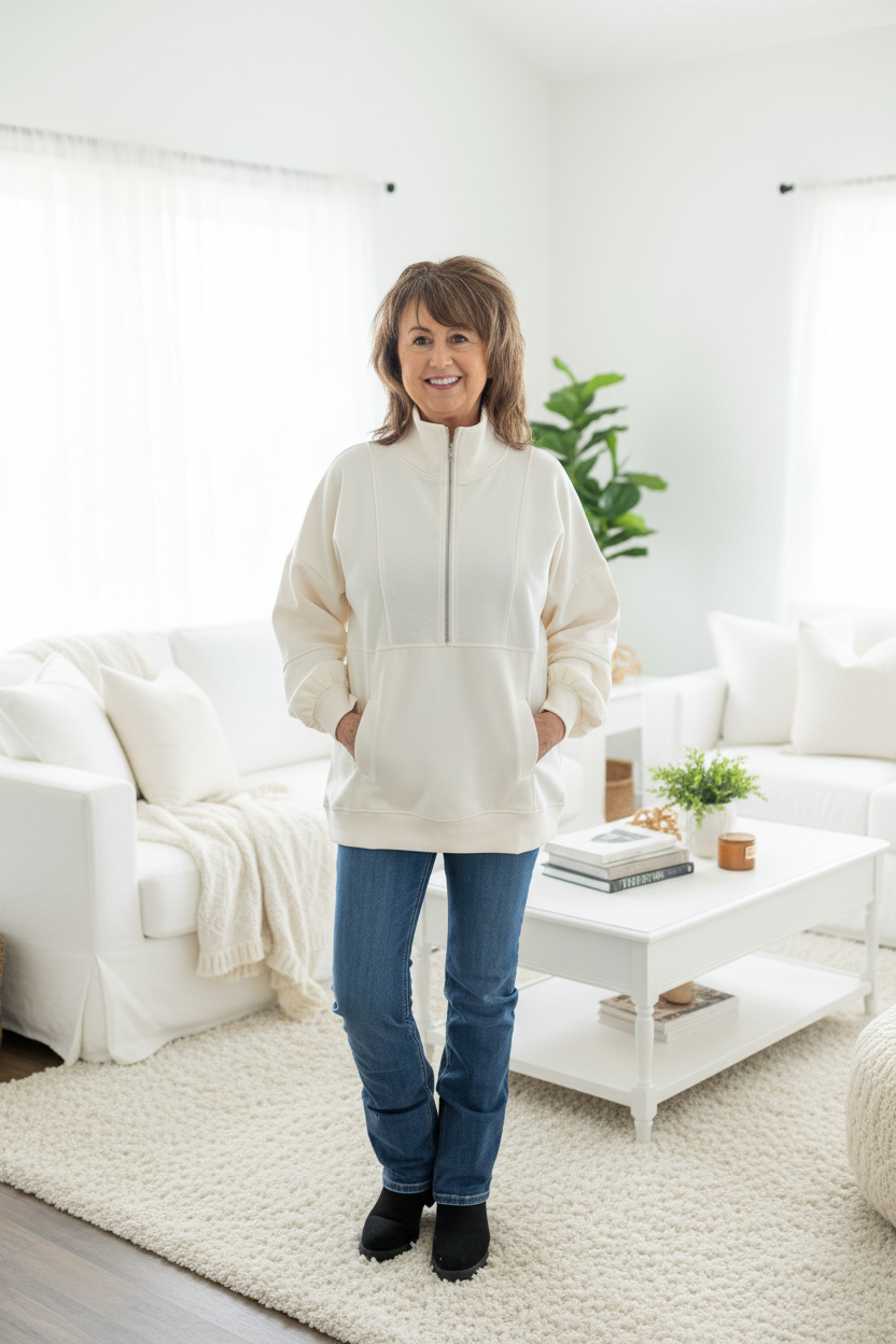 Refined model in cozy white living room