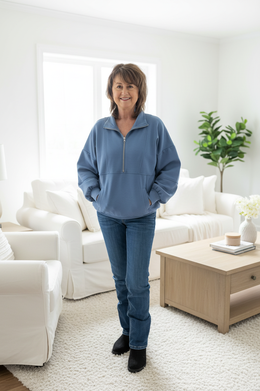 Refined model in cozy white living room