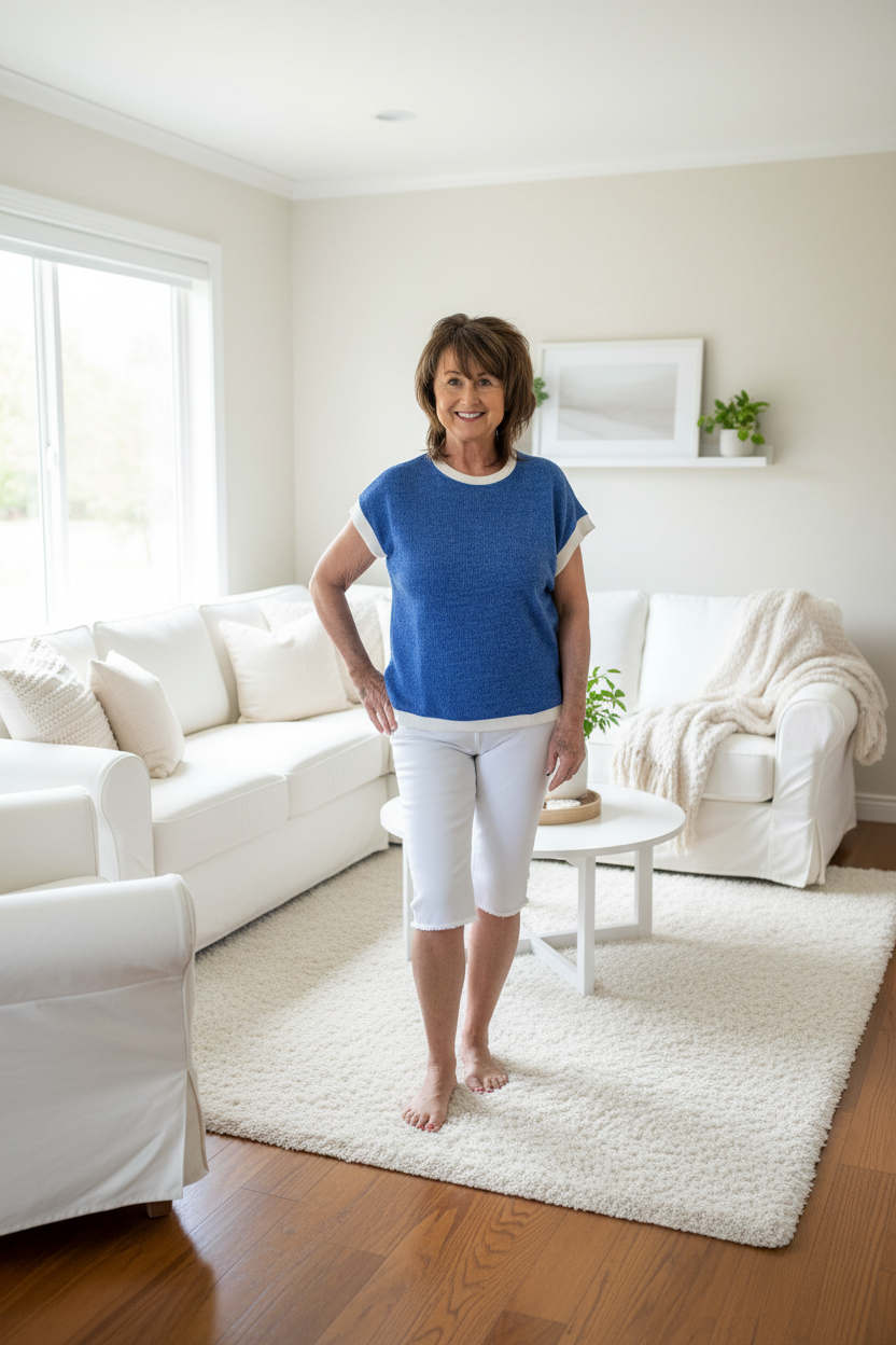 Refined model in cozy white living room