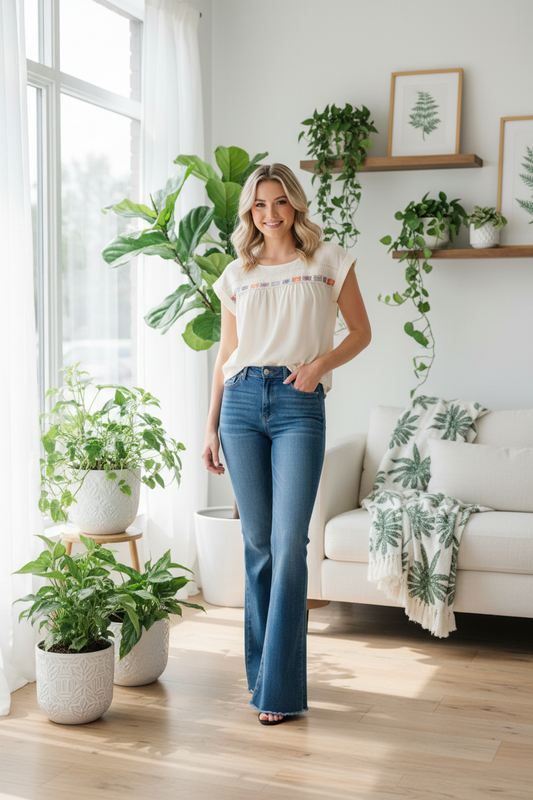 White embroidered top in botanical living room