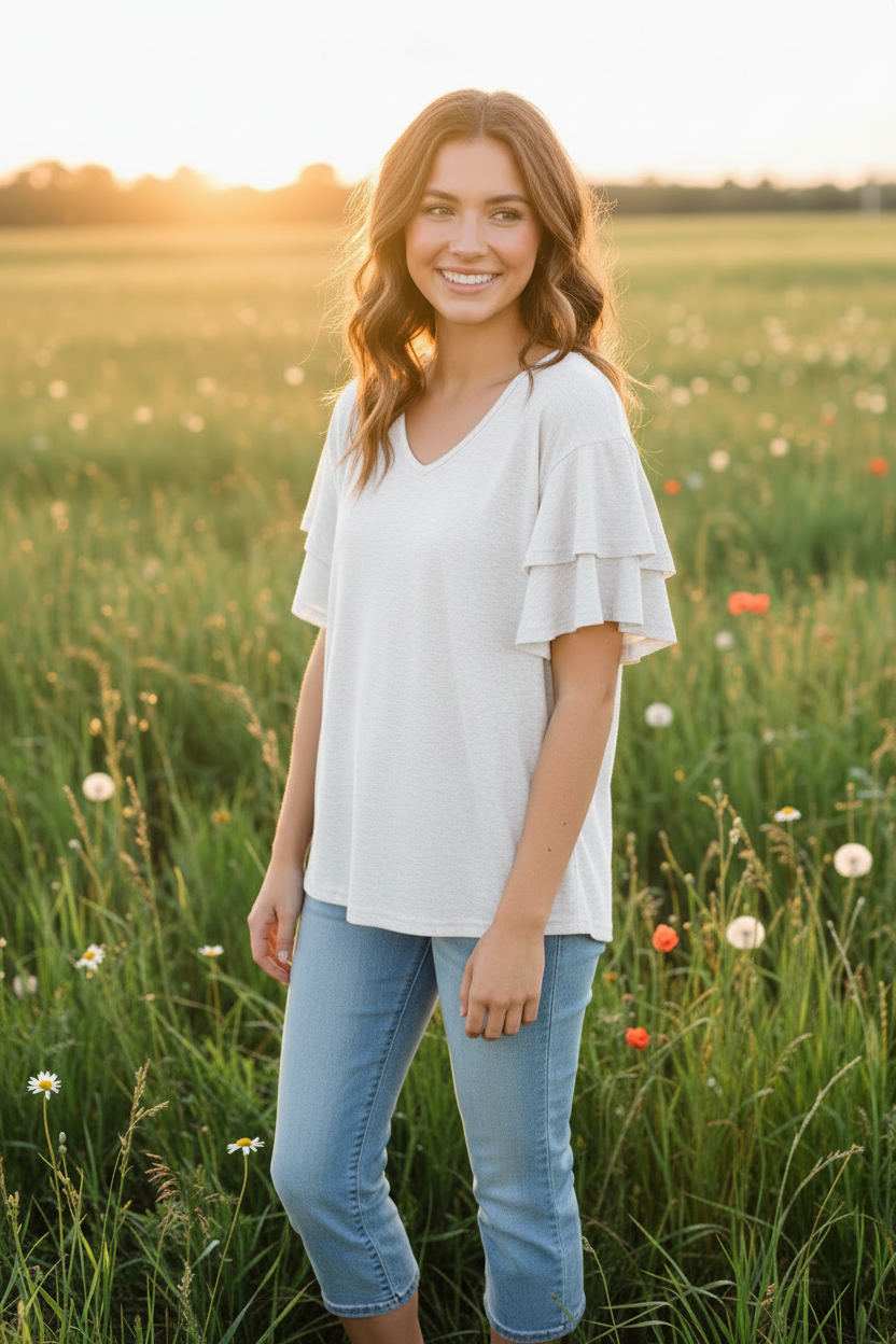 White Flutter Sleeve Top — Field Model